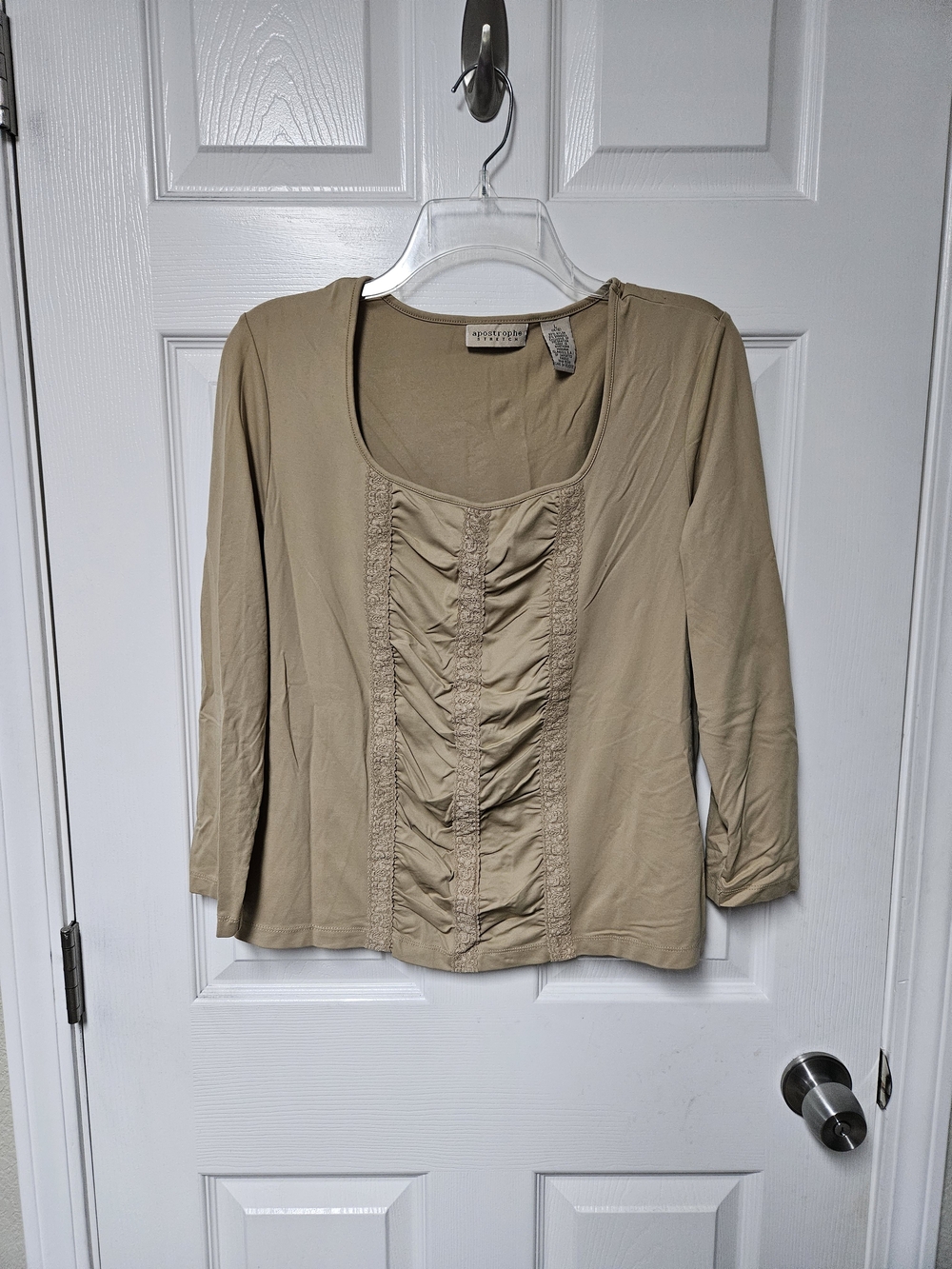 Apostrophe Taupe Ruched Front Long Sleeve Scoop Neck Top